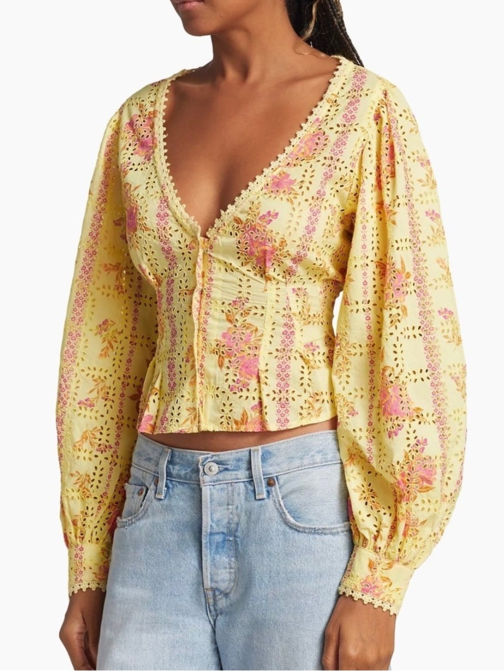 Free People Yellow Eyelet Floral V-Neck Button Front Top